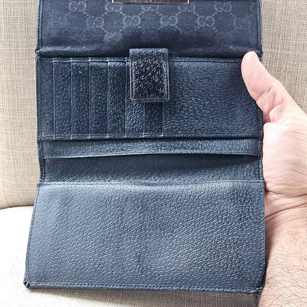 Gucci Clutch Wallet Black Leather/Canvas Bag Card Holder Purse Made in Italy aut - Picture 3 of 14